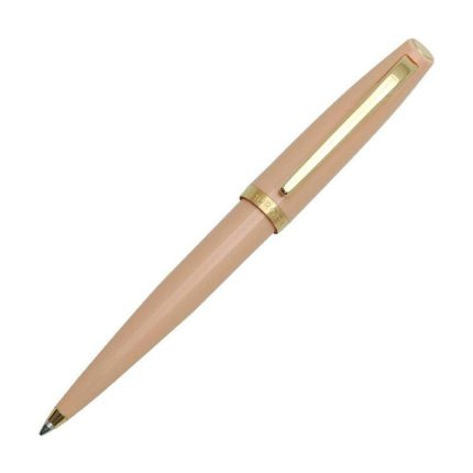 Aurora penna a sfera interamente in resina quarzo rosa, finiture dorate style